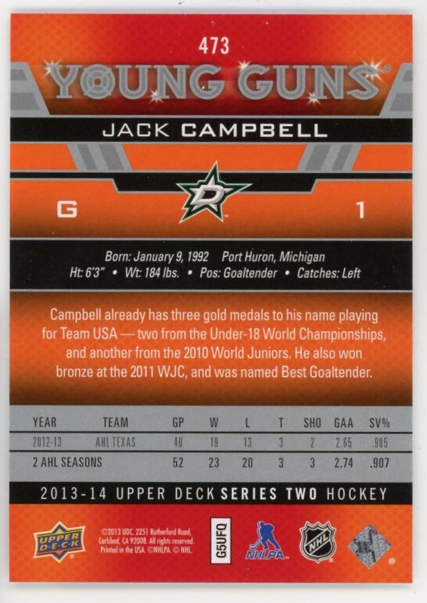 Jack Campbell 2013-14 Upper Deck Young Guns RC #473