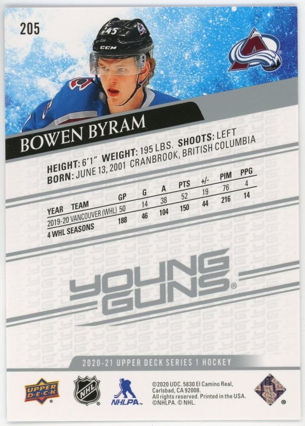 Bowen Byram 2020-21 UD Young Guns Rookie Card #205
