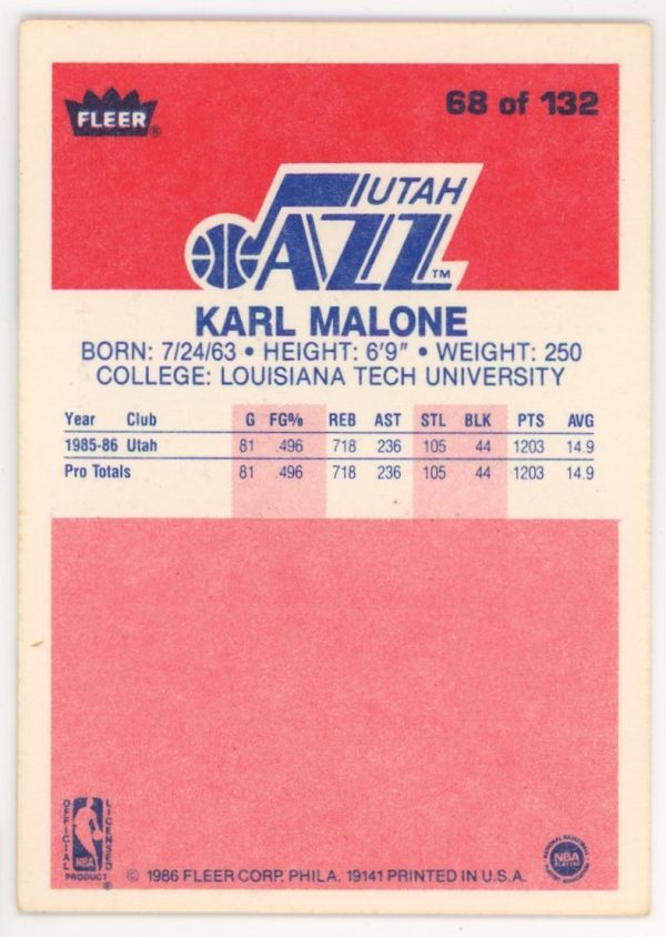 Karl Malone Jazz 1986-87 Fleer Premier RC Rookie Card #68 of 132