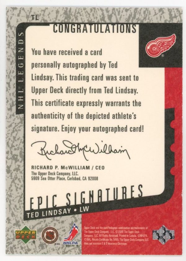Ted Lindsay 2000-01 UD NHL Legends Epic Signatures Auto Card #TL