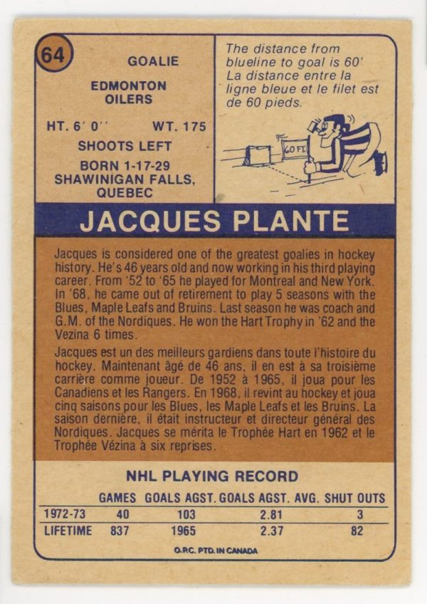 Jacques Plante Oilers 1974-75 O-Pee-Chee WHA Card #64