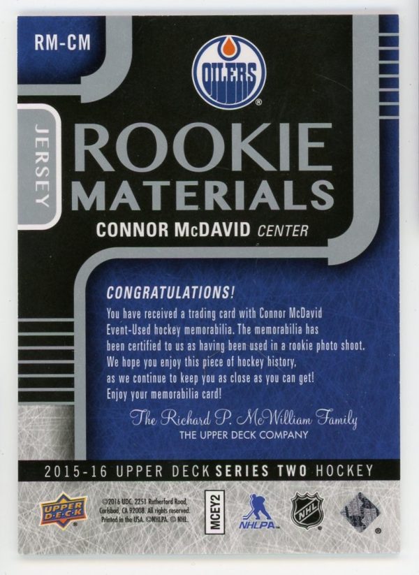 Connor Mcdavid 2015-16 UD Series 2 Rookie Materials RM-CM