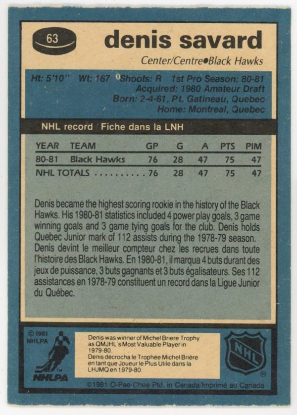 Denis Savard 1981-82 OPC Rookie Card #63