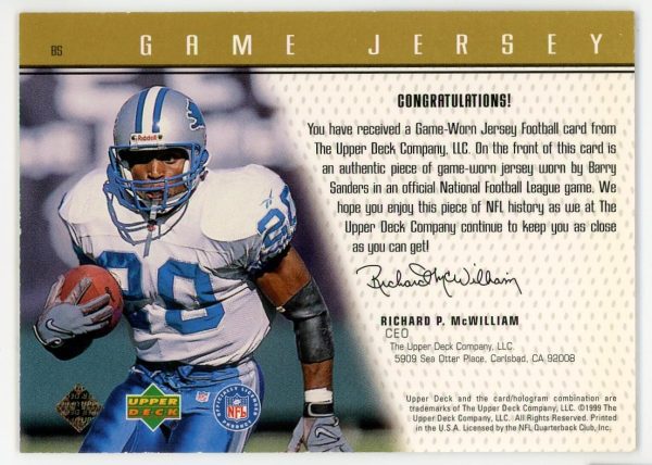 Barry Sanders Lions 1999 UD Game Jersey Patch Relic Card #BS