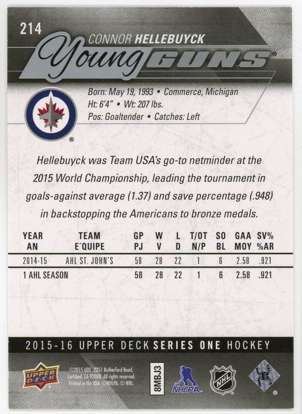 Connor Hellebuyck 2015-16 UD Young Guns RC #214