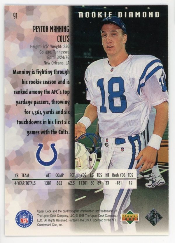 Peyton Manning Colts 1998 UD Black Diamond RC Rookie Card #91