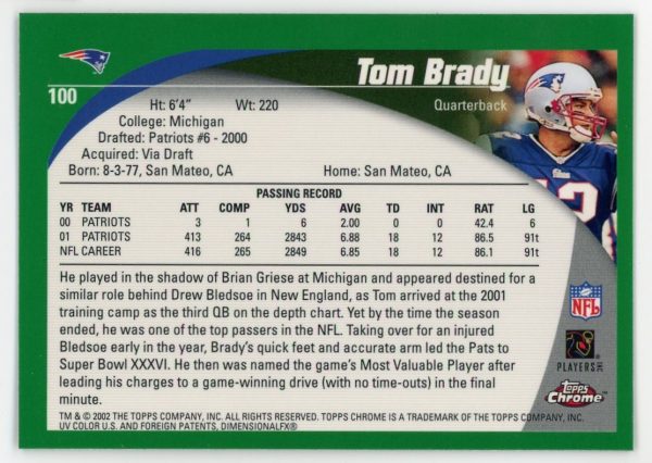 Tom Brady Patriots 2002 Topps Chrome Card #100