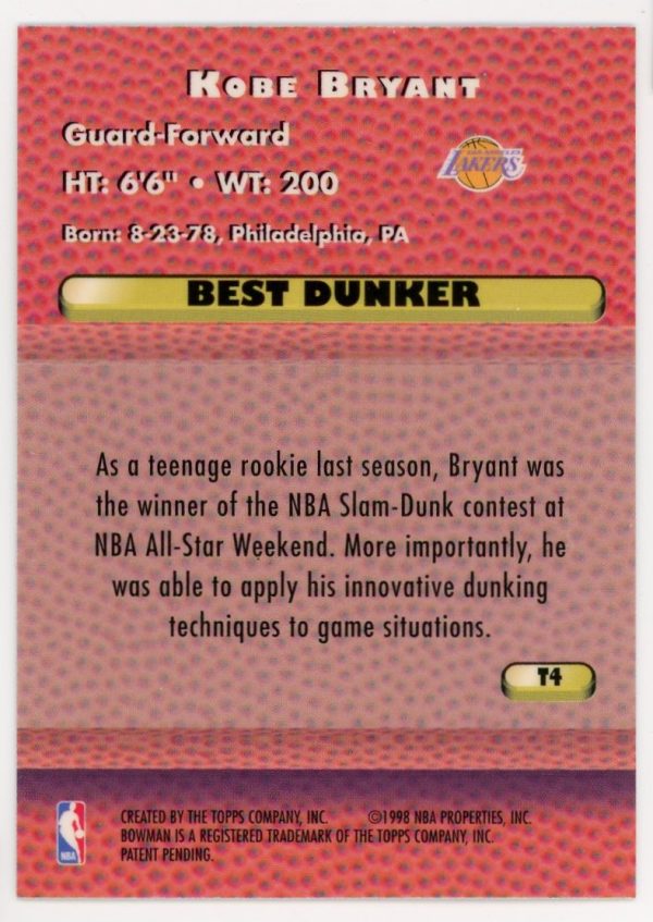Kobe Bryant Lakers 1998 Bowmans Best Dunker Techniques Card #T4