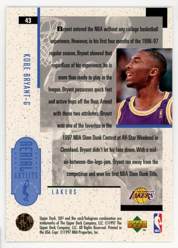 Kobe Bryant Lakers 1996-97 UD3 Ariel Artists RC Rookie Card #43