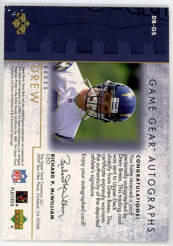 Drew Brees 2001 UD Game Gear Autographs Rookie Card #DB-GS