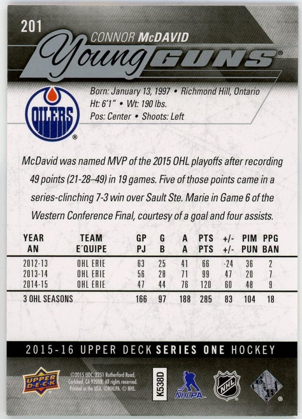 Connor McDavid 2015-16 UD Young Guns Card #201 - Image 2