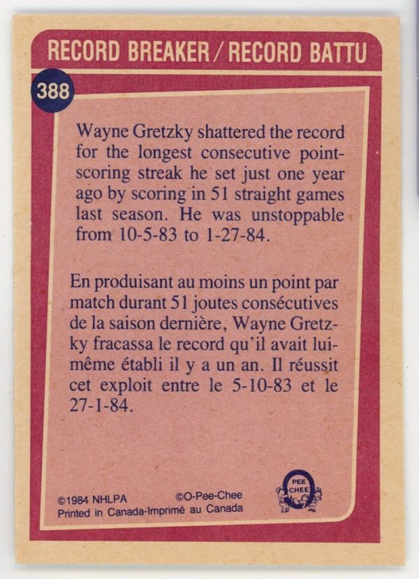 Wayne Gretzky 1984-85 OPC Record Breaker Card #388
