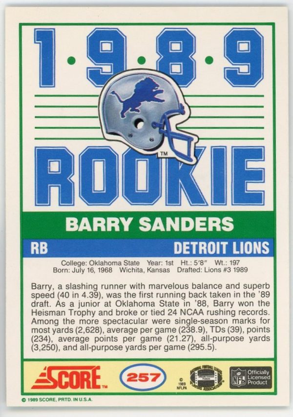 Barry Sanders 1989 Score Football Rookie Card #257