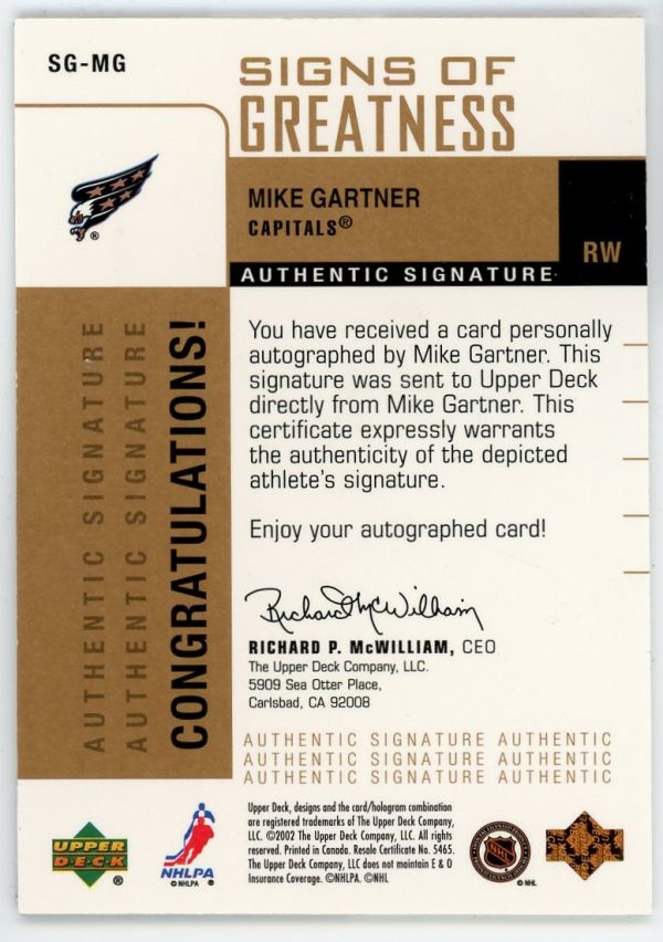 Mike Gartner 2002-03 UD Foundations Signs Of Greatness Auto Card