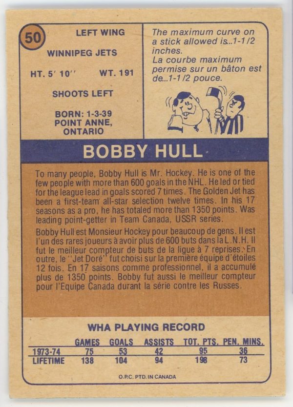 Bobby Hull Jets 1974-75 OPC WHA Card #50