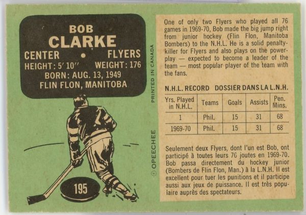 Bob Clarke Flyers 1970-71 OPC RC Rookie Card #195