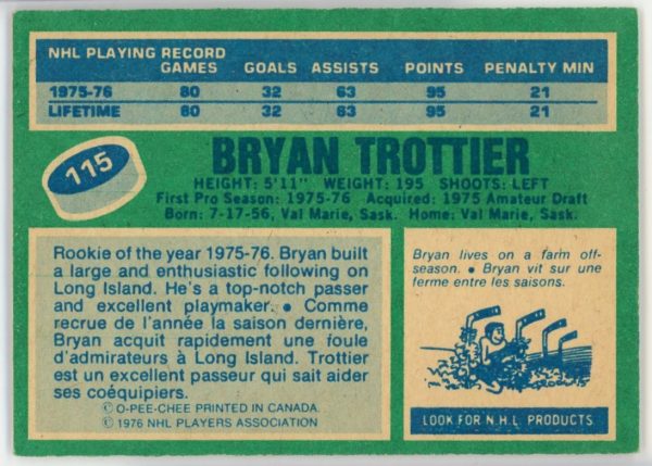 Bryan Trottier Islanders 1976-77 OPC RC Rookie Card #115