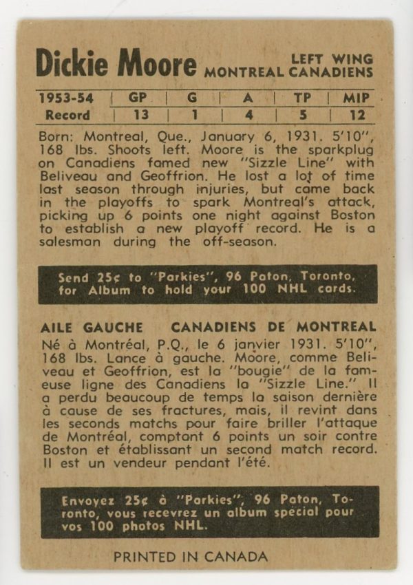 Dickie Moore 1954-55 Parkhurst Hockey Card #2