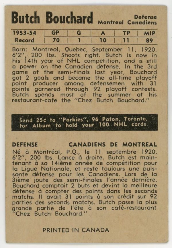 Butch Bouchard 1954-55 Parkhurst Hockey Card #6