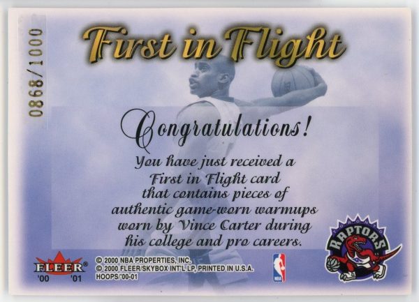 Vince Carter Raptors 2000-01 NBA Hoops Hot Prospects First in Flight /1000