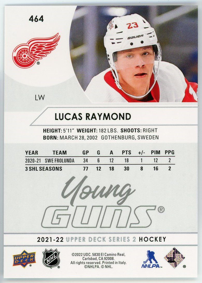 Lucas Raymond Detroit Red Wings Autographed 2021-22 Upper Deck Young Guns #464 Beckett Fanatics Witnessed Authenticated 10 Rookie Card