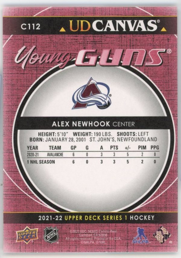 Alex Newhook Avalanche 2021-22 UD Canvas Young Guns Rookie Card #C112