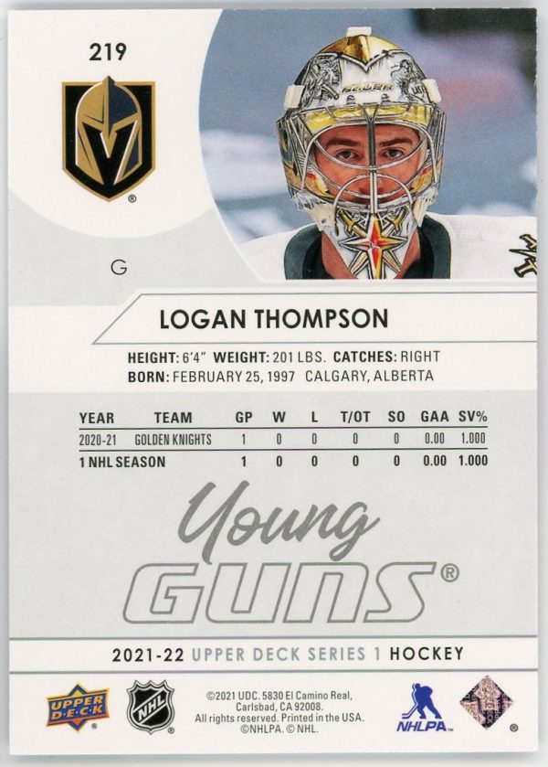 Logan Thompson Knights 2021-22 UD Young Guns RC Rookie Card #219