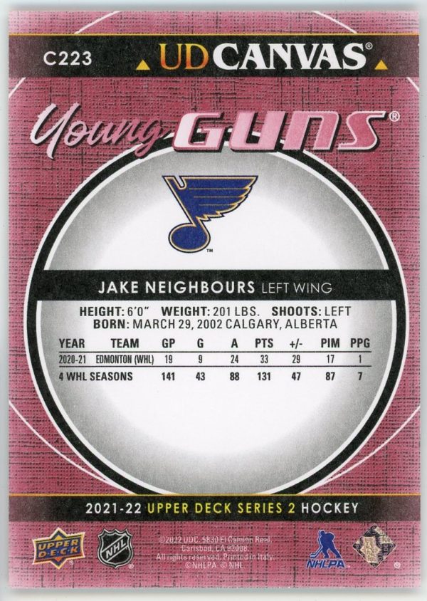 Jake Neighbours Blues 2021-22 UD Canvas Young Guns RC Rookie Card #C223