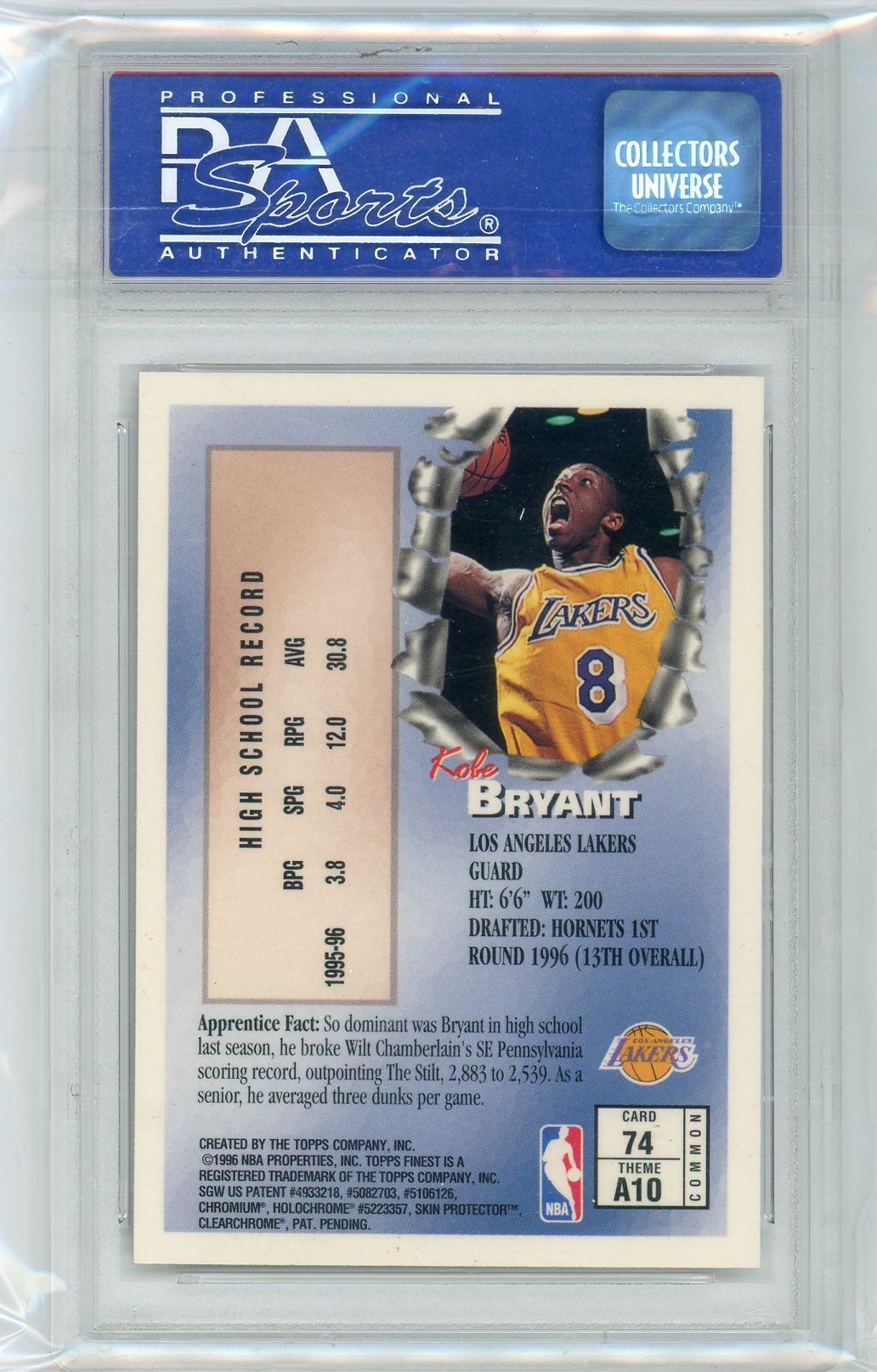 Kobe Bryant 1996 Topps Finest Rookie Card #74 PSA 9