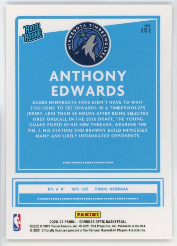 Anthony Edwards Timberwolves 2020-21 Donruss Optic Rated Rookie RC #151
