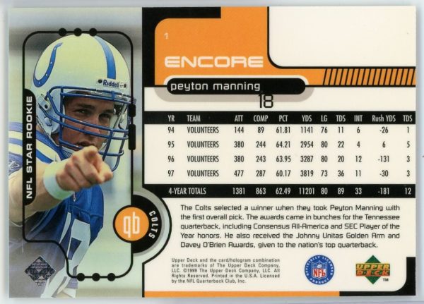 Peyton Manning Colts 1998 UD Encore RC Rookie Card #1