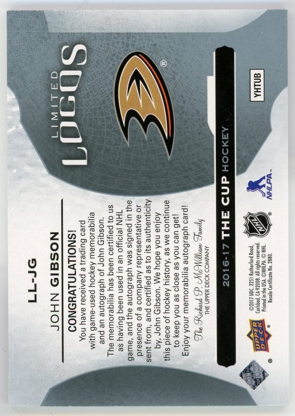 John Gibson 2016-17 UD The Cup Limited Logos /50 LL-JG