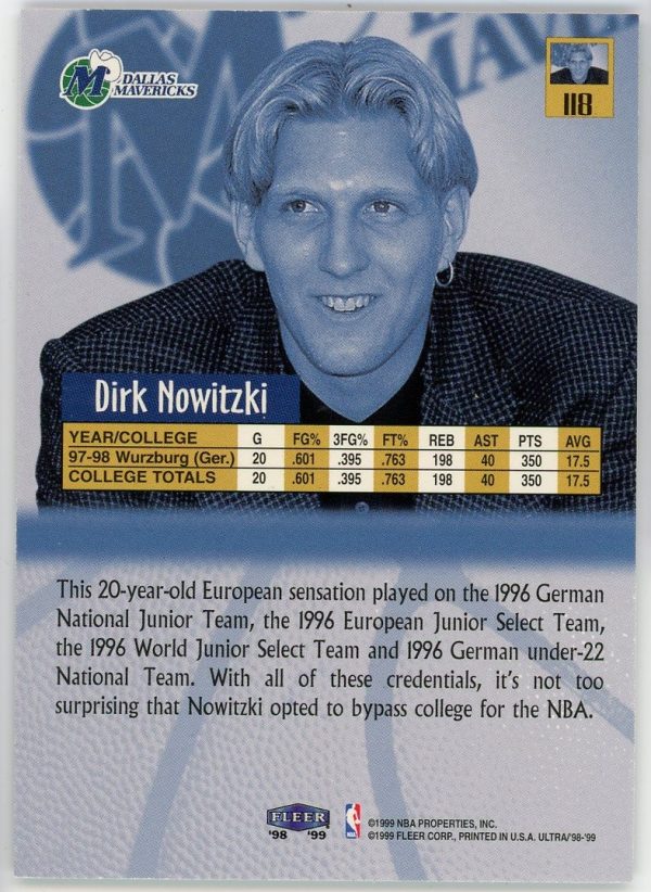Dirk Nowitzki Mavericks 1999 Fleer Ultra Rookies #118