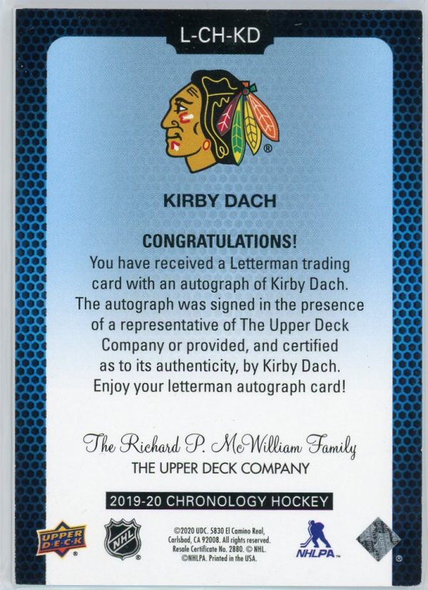 Kirby Dach 2019-20 Chronology Letterman Letter Patch Auto /15 L-CH-KD