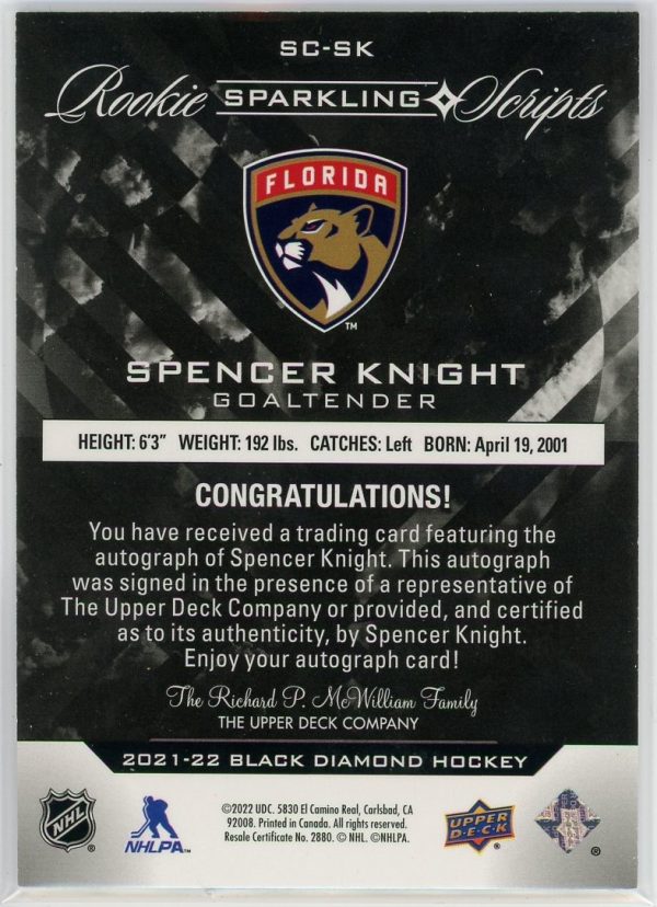 2020-21 Spencer Knight UD Black Diamond Auto /25 Rookie Card