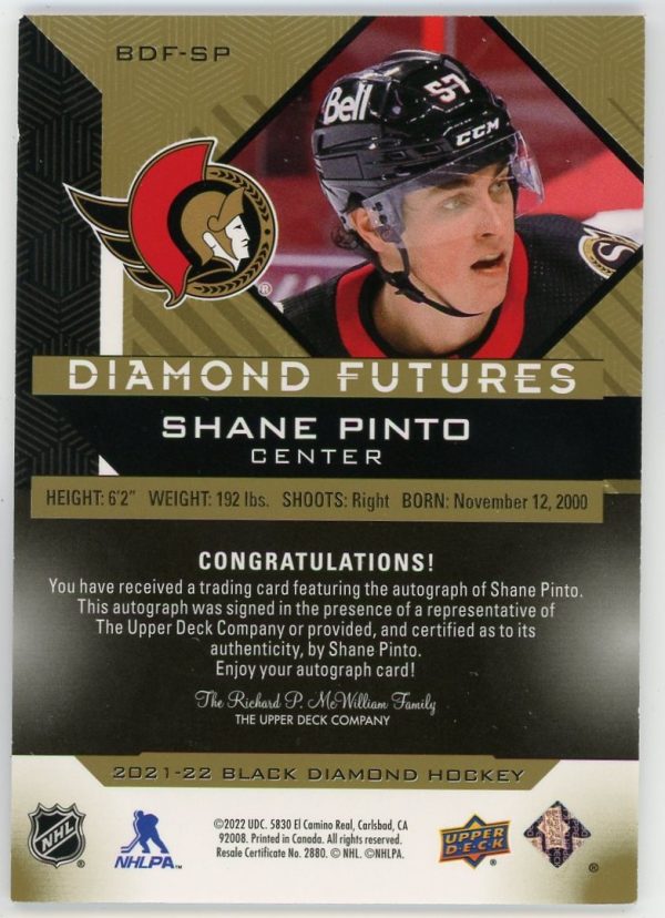 2021-22 Shane Pinto UD Black Diamond Auto /99 Rookie Card #BDF-SP