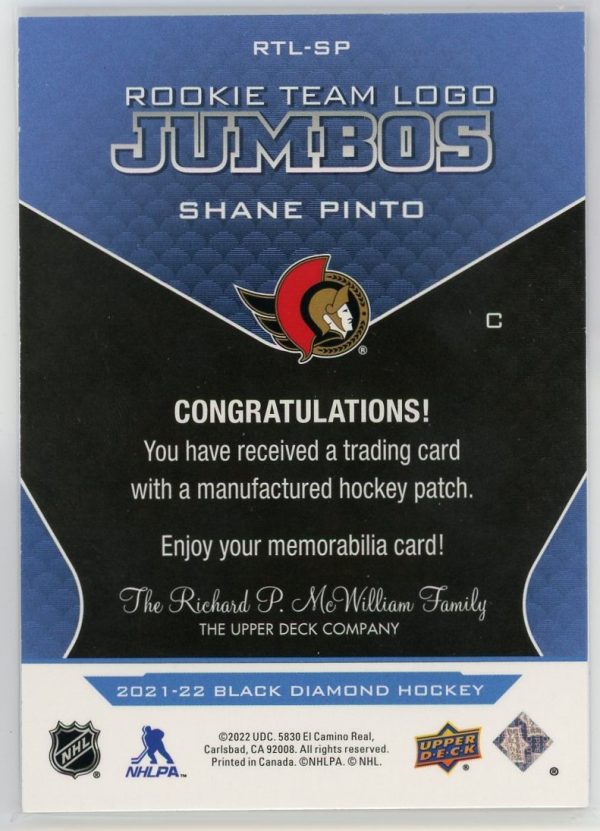 2021-22 Shane Pinto UD Black Diamond Jumbo Patch Rookie Card