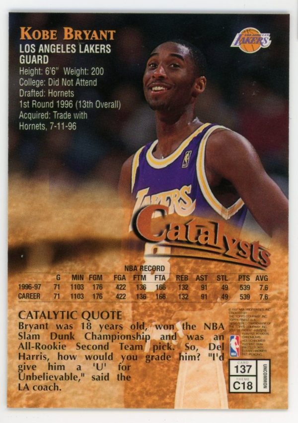 Kobe Bryant Lakers 1997-98 Topps Finest Catalysts Card #137