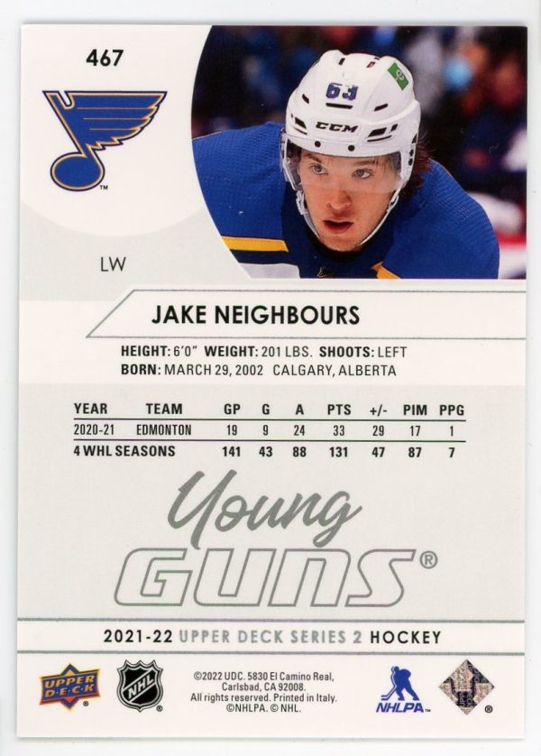 Jake Neighbours Blues 2021-22 UD Young Guns RC Rookie Card #467