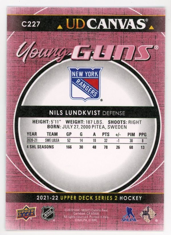 Nils Lundkvist Rangers 2021-22 UD Canvas Young Guns RC Rookie Card #C227