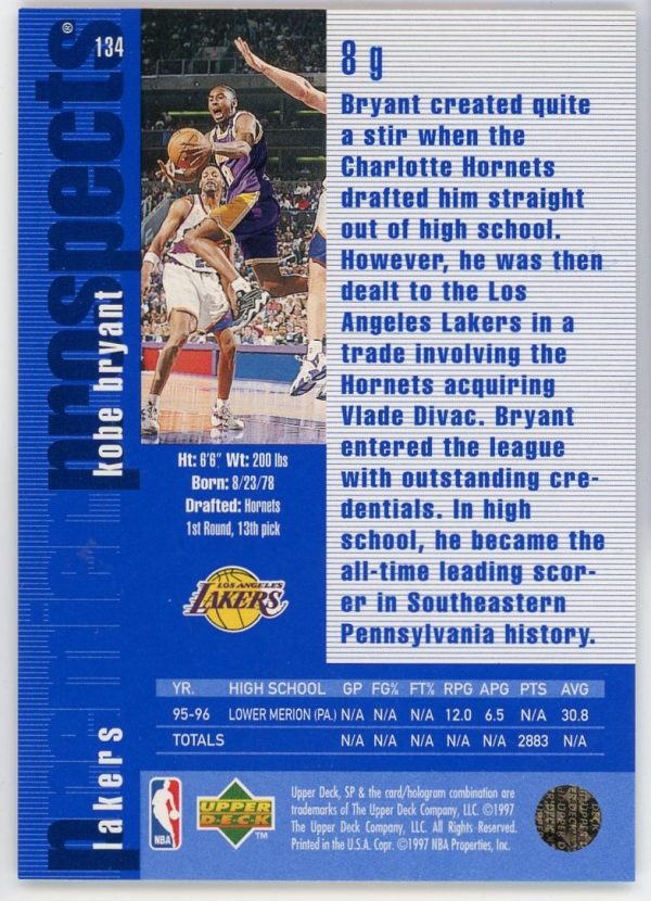 Kobe Bryant 1996-97 Upper Deck SP Rookie Card #134