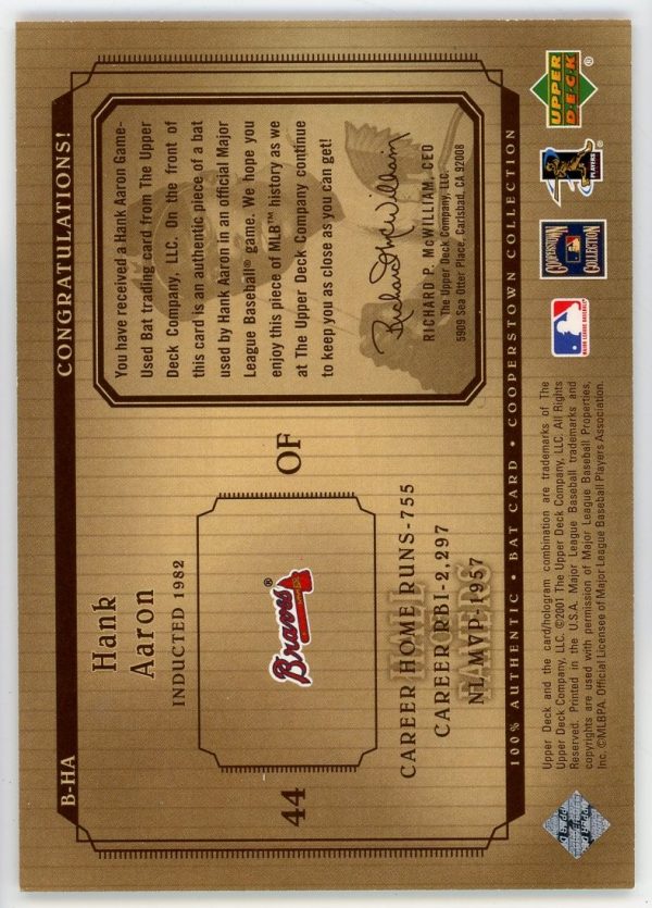 Hank Aaron 2001 UD Cooperstown Collection Game Used Bat #B-HA
