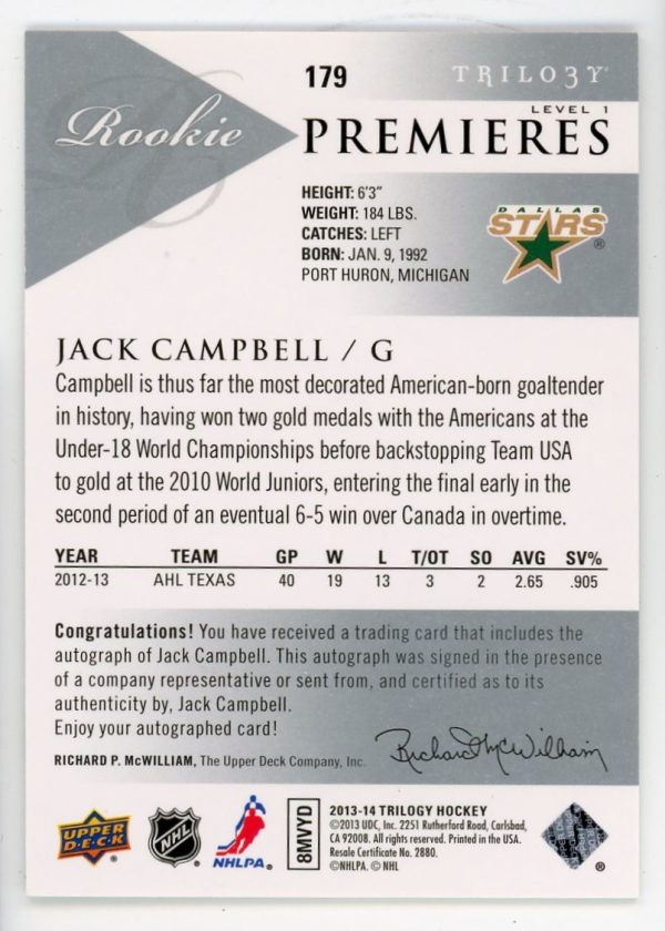 Jack Campbell 2013-14 Rookie Premiers Level 1,2,3 Auto RC's (One Lot)