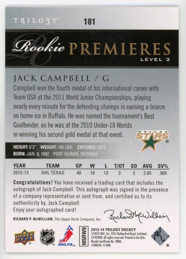 Jack Campbell 2013-14 Rookie Premiers Level 1,2,3 Auto RC's (One Lot)Jack Campbell 2013-14 Rookie Premiers Level 1,2,3 Auto RC's (One Lot)