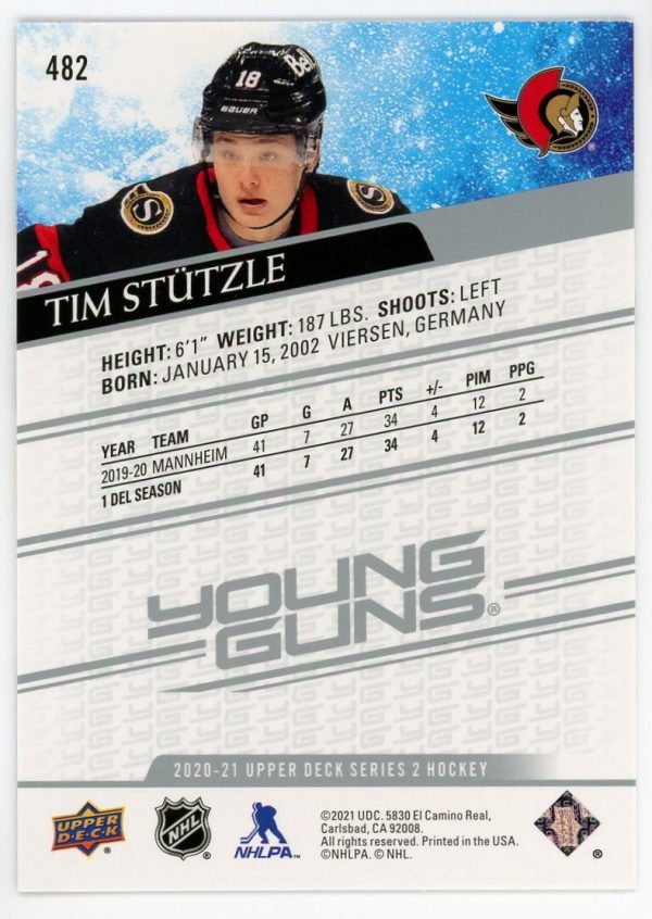 Tim Stutzle Senators 2020-21 UD Young Guns Rookie Card #482