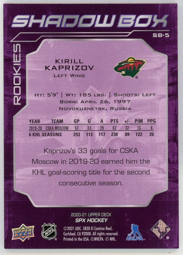 Kirill Kaprizov 2020-21 UD SPX Shadow Box RC #SB-5