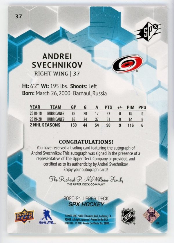 Andrei Svechnikov 2020-21 UD SPX Auto Card #37