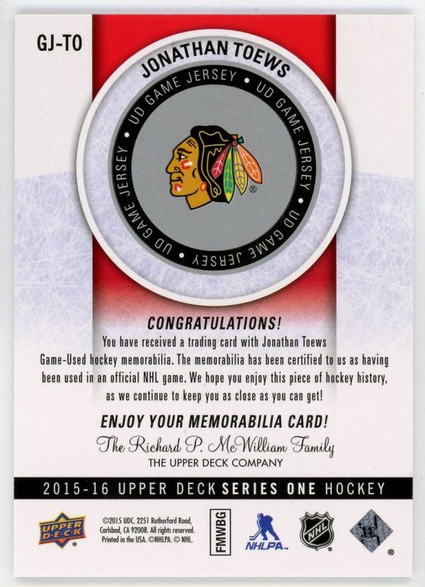 Jonathan Toews 2015-16 UD Game Jersey Card #GJ-TO