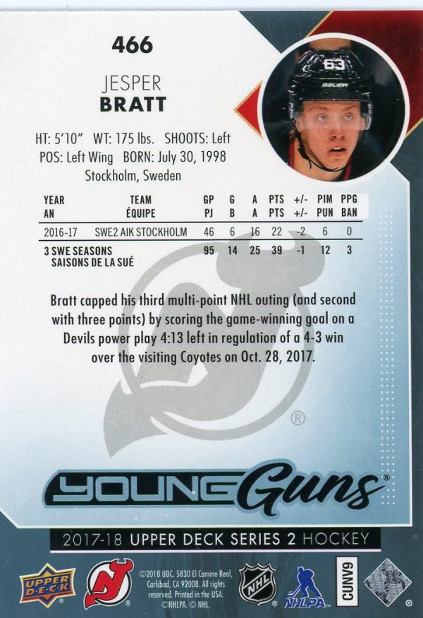 Jesper Bratt 2017-18 UD Series 2 Young Guns #466