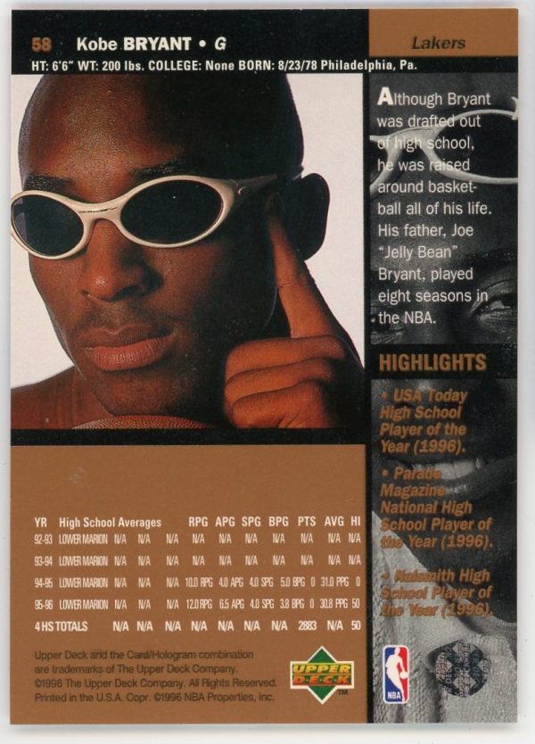 1996-97 Upper Deck Kobe Bryant Rookie Card #58